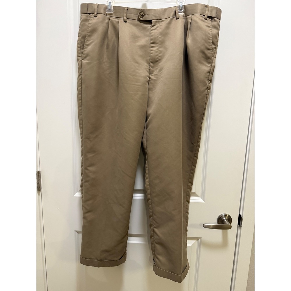 Perry Ellis Portfolio Mens 44x30 Tan Khaki Pleated Cuffed Dress Pants Trousers